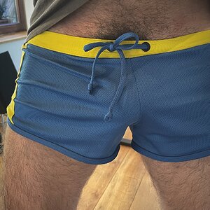 Blue shorts with yellow band